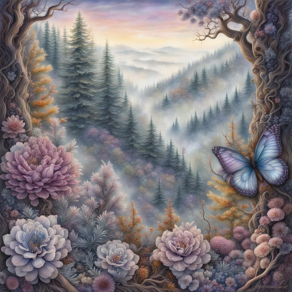 Bug's Eye View of Blue Spruce Forest in Decoupage Style