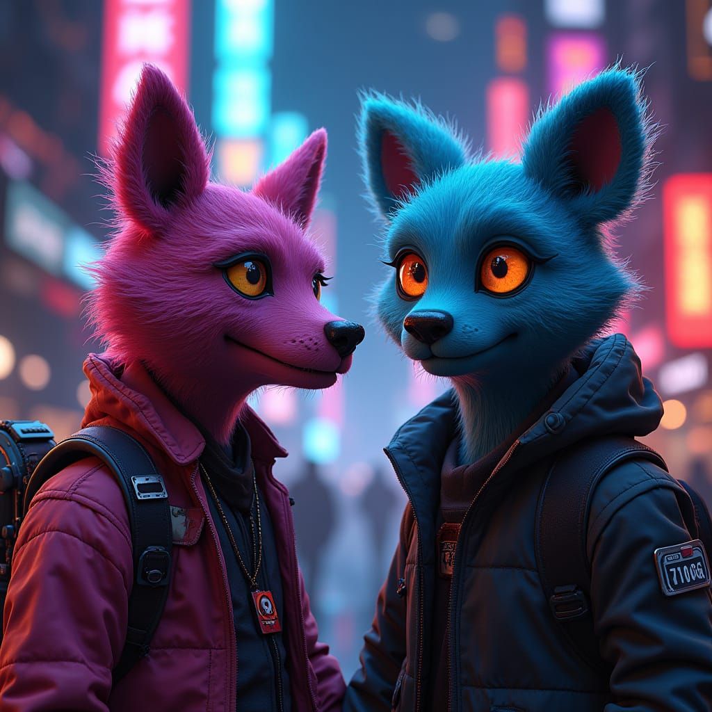 Cyberpunk Animal Muppets in Neon Cityscape