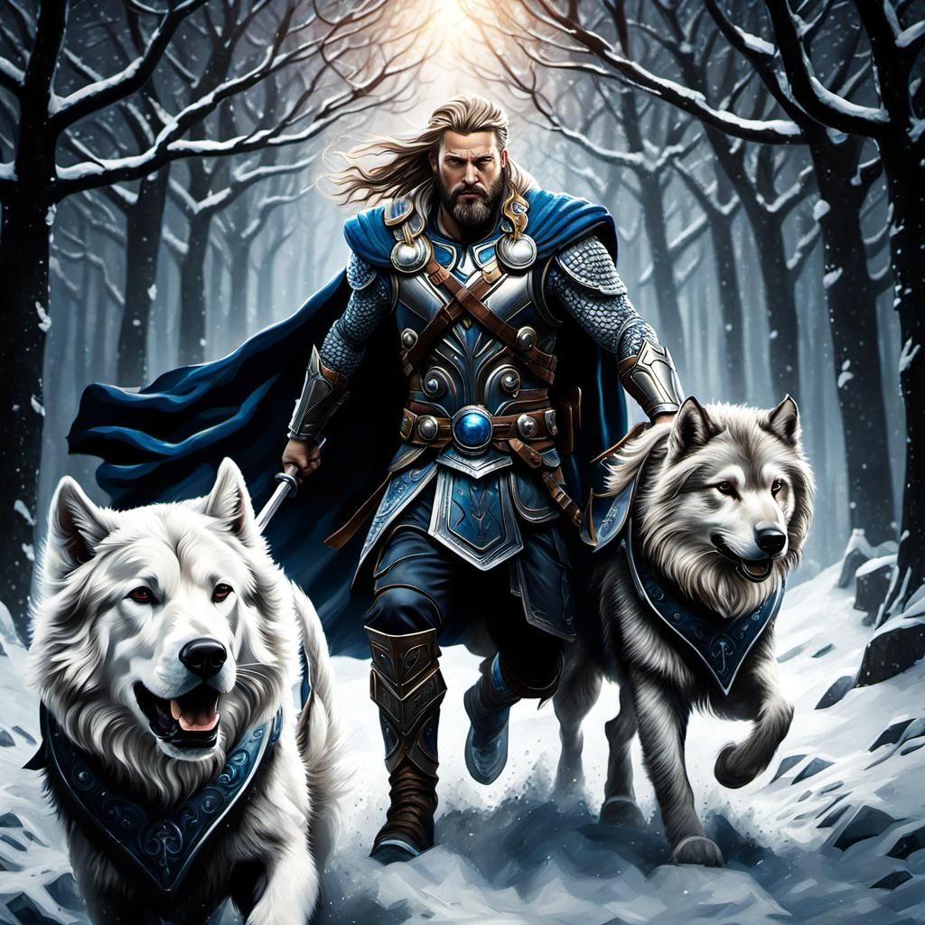Hyperrealistic Paladin with Wolves in Norse Armor