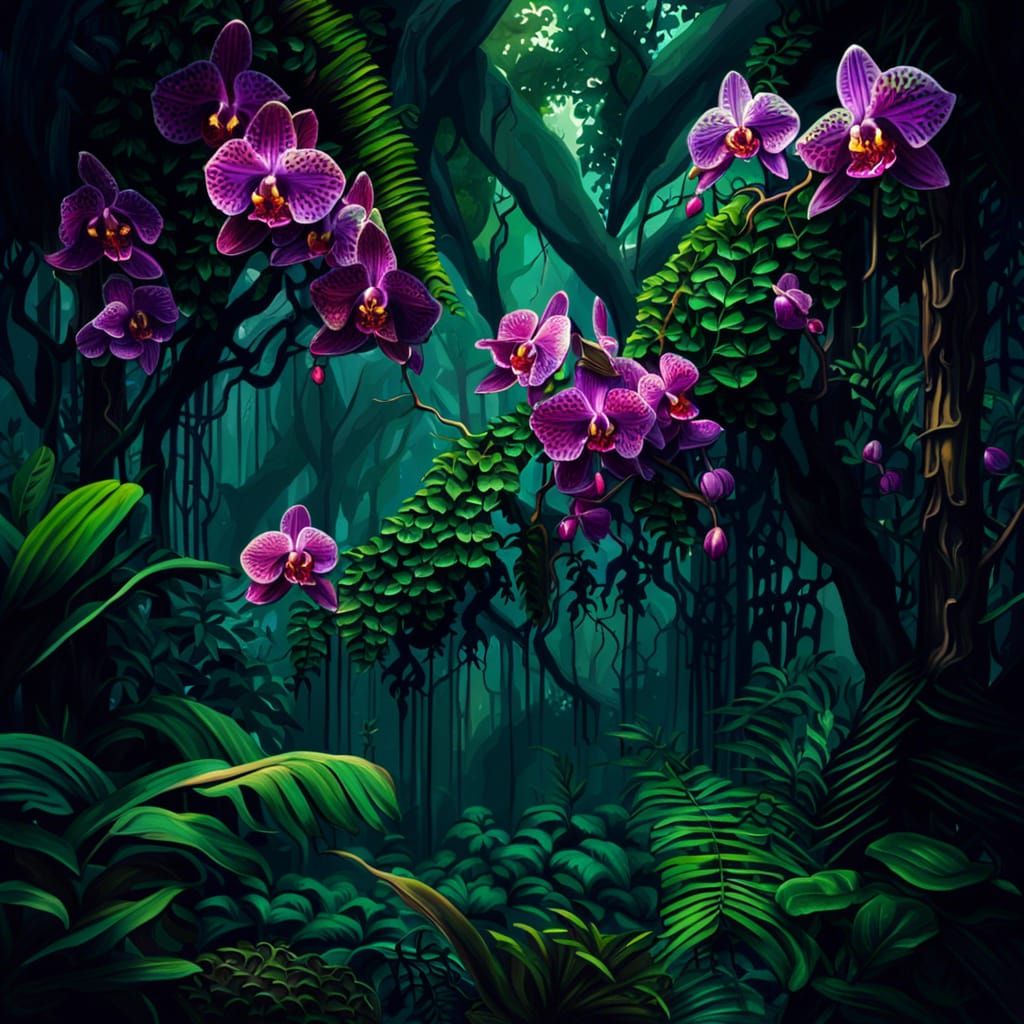 Lush Rainforest Canopy Bursting with Colorful Orchids