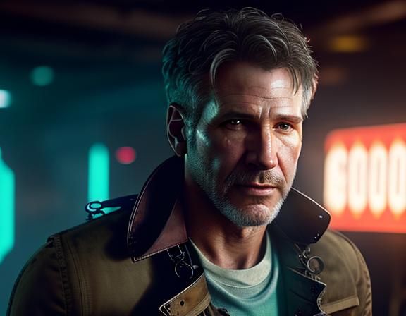 Harrison Ford as Blade Runner in Cyberpunk Style