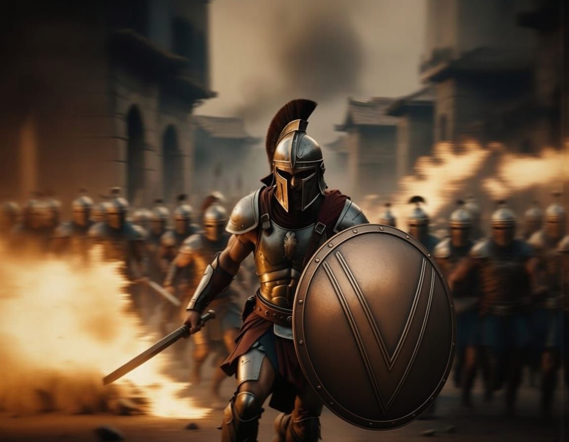 Spartan Warrior Charging into Battle at Dusk