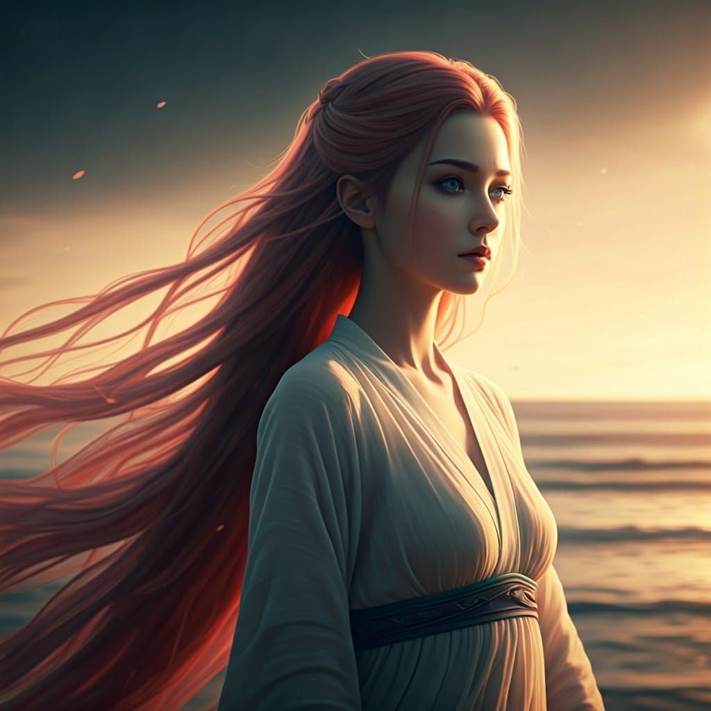 Goddess on Moonlit Beach in Warm Light