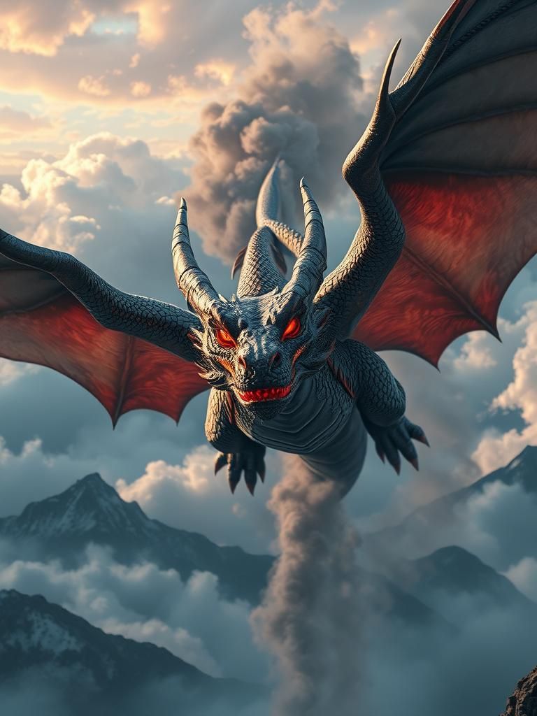 Majestic Dragon Soaring Through Misty Mountains