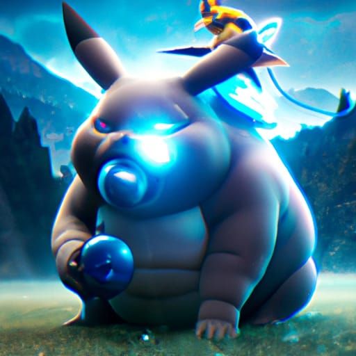 Mega-Snorlax Eating Pikachu: Detailed Fantasy Concept Art