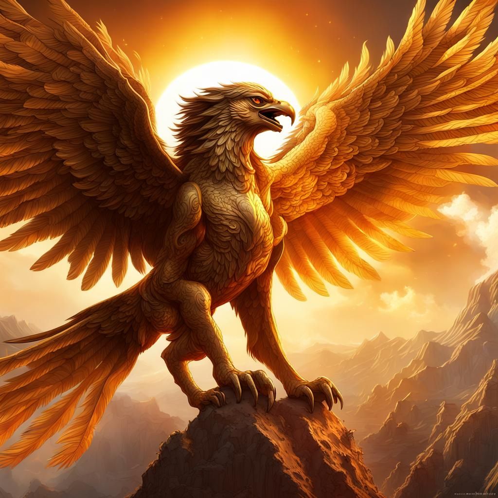 Golden Solar Gryphon Soaring Through Fiery Sky