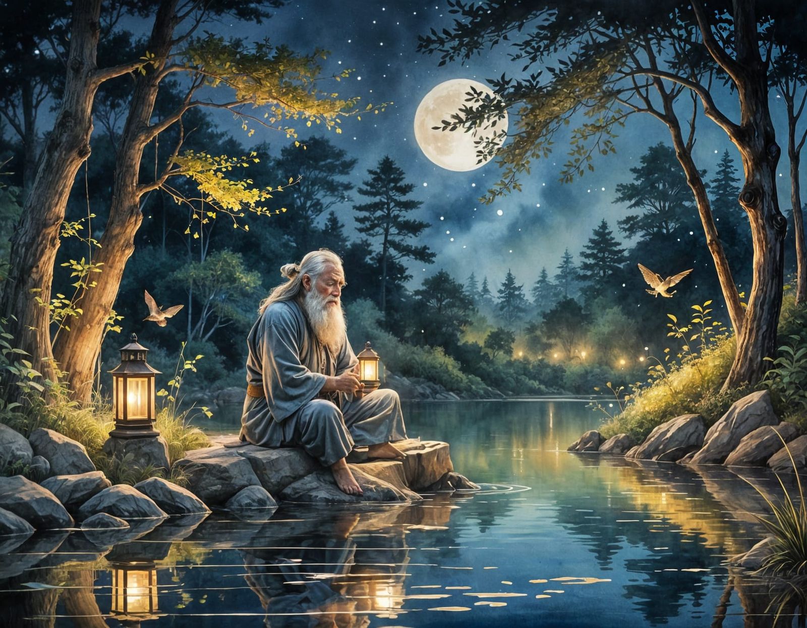 Wise Old Man Meditating by Tranquil Lake at Night