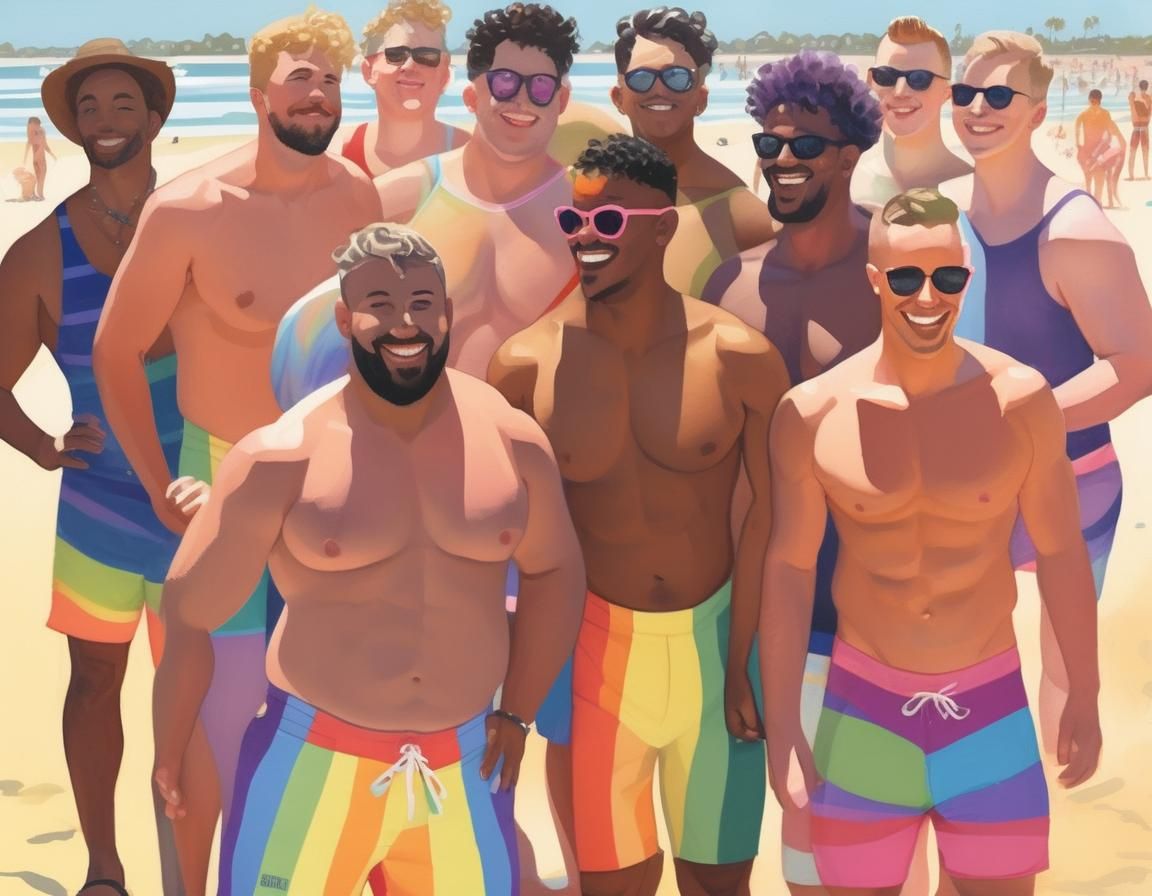 Gay Pride: Diverse Friends at Beach in Gouache Painting