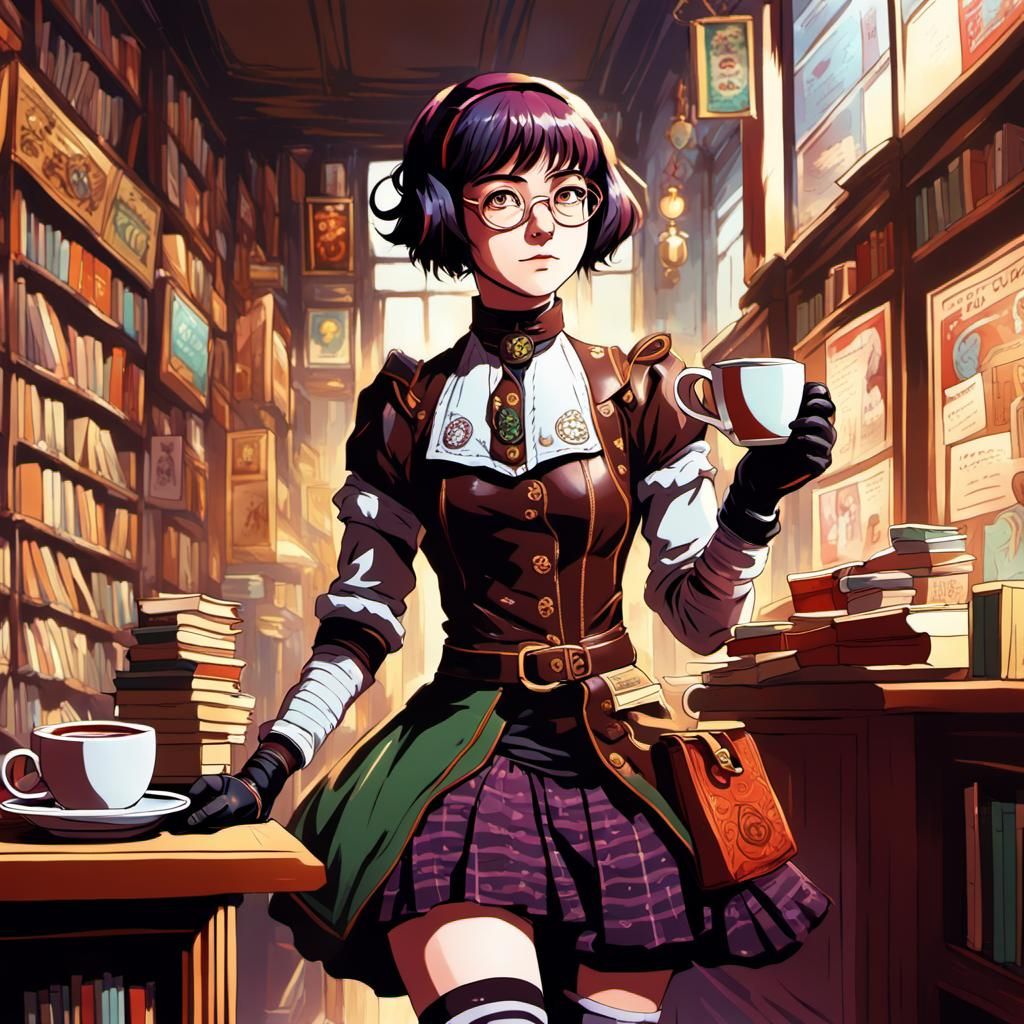 90s Anime Goth Librarian Enjoying Coffee