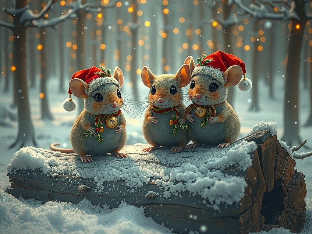 Festive Christmas Mice in Snowy Swamp Forest