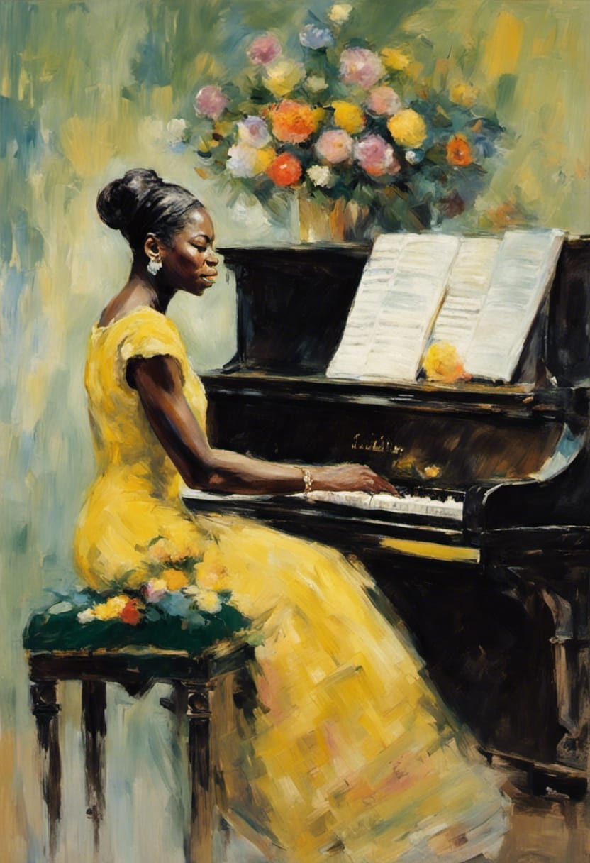 Nina Simone Impressionist Portrait with Flowers
