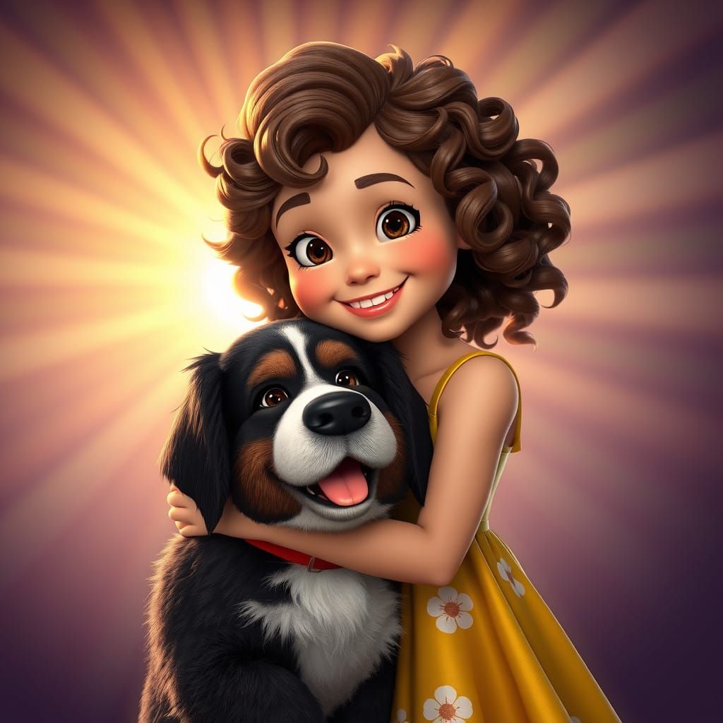 A Young Girl and Her Bernese Mountain Dog in a Vibrant Pixar...