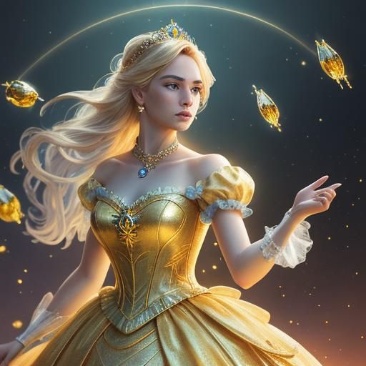 Hyperrealistic Cinderella in Golden Tesla Dress