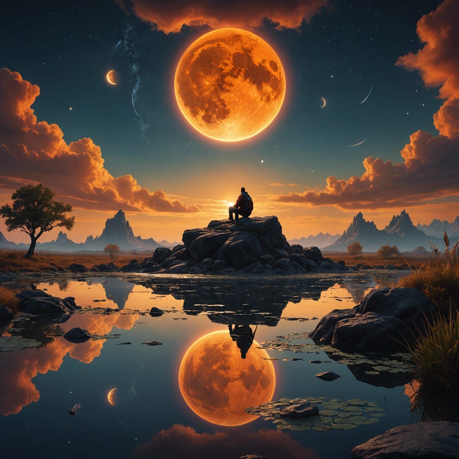 Man Gazing at Comet Sky: Detailed Matte Painting