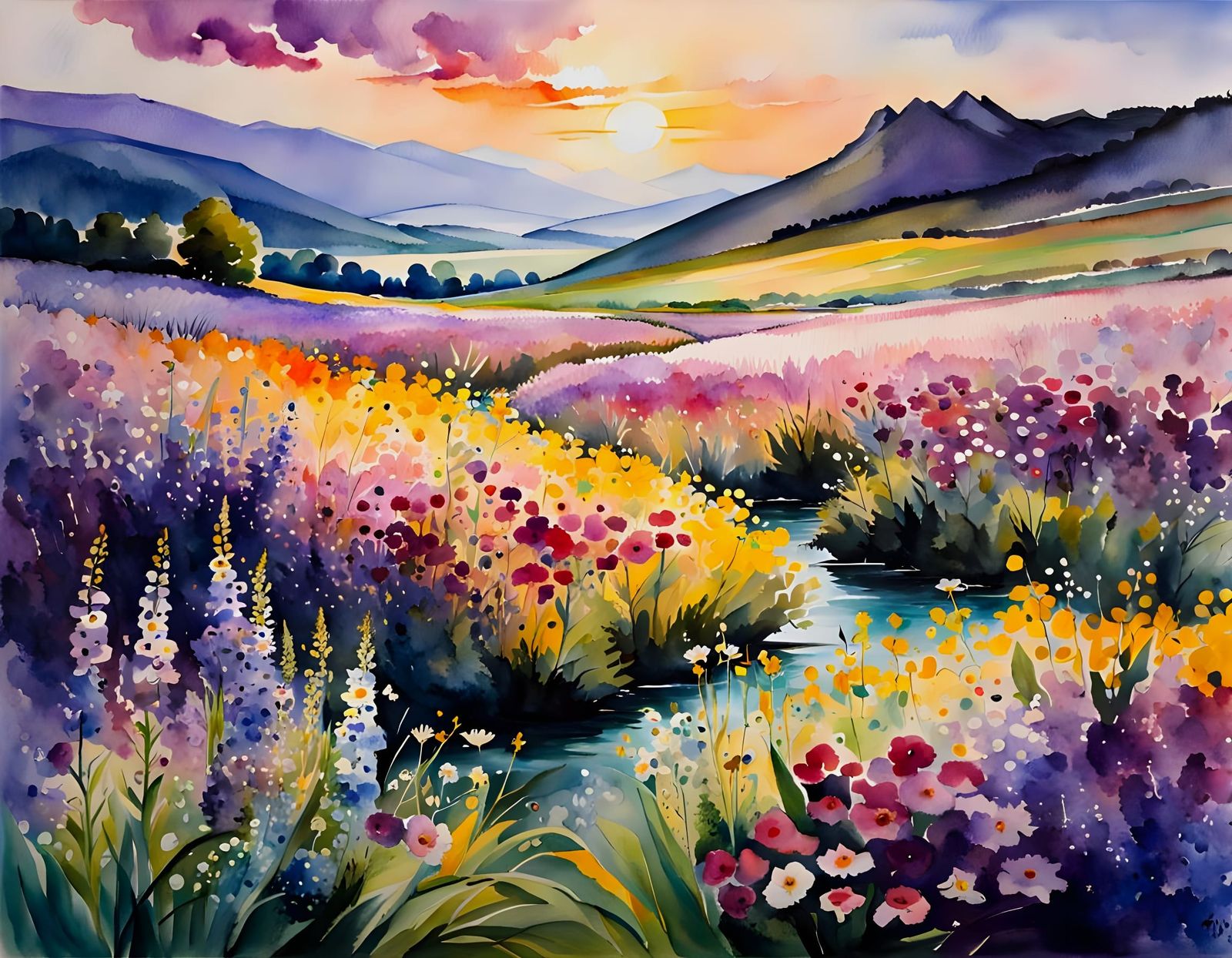 Watercolor Bloom Meadow at Sunset