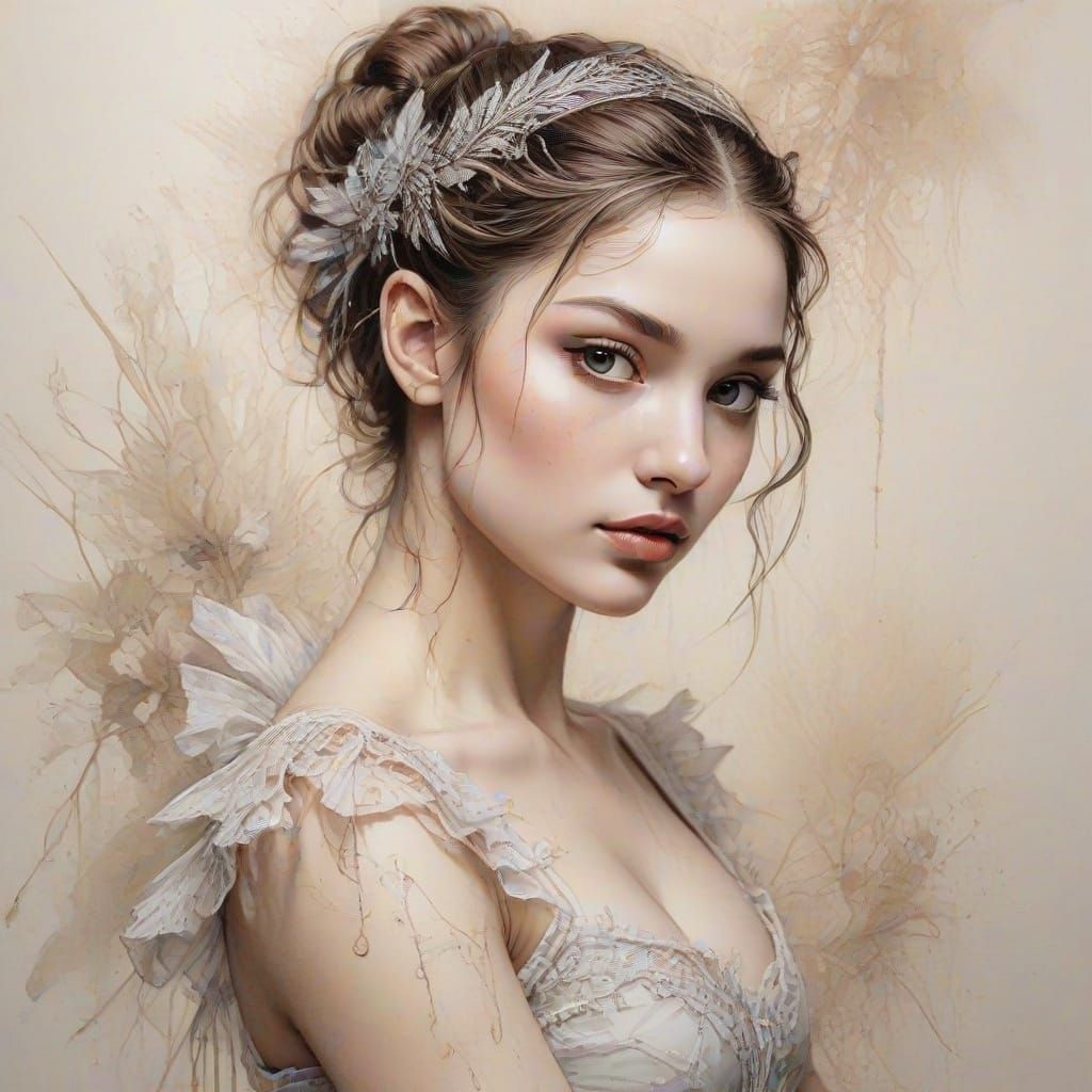 Elegant Ballerina Portrait in Intricate Ink Drawing Style