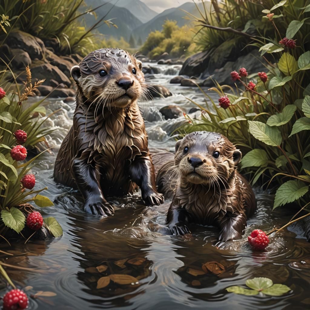 Happy Otter Pups Play in Mountain Stream