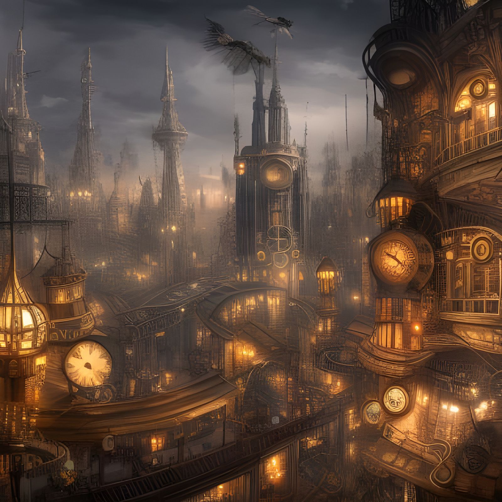 Detailed Steampunk City Digital Illustration