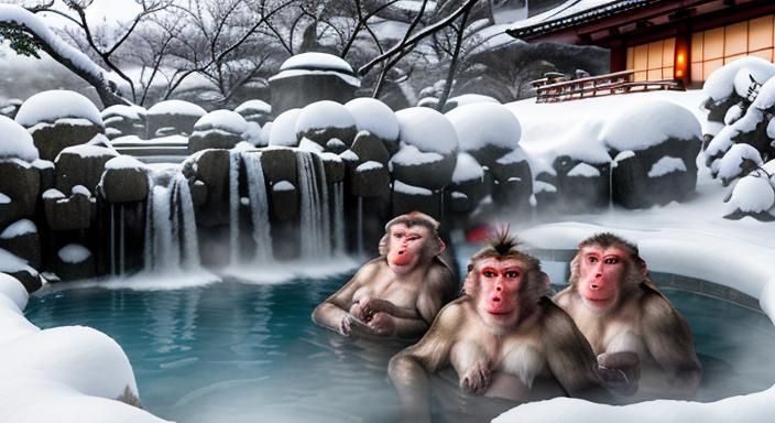 Japanese monkeys in the hot tub