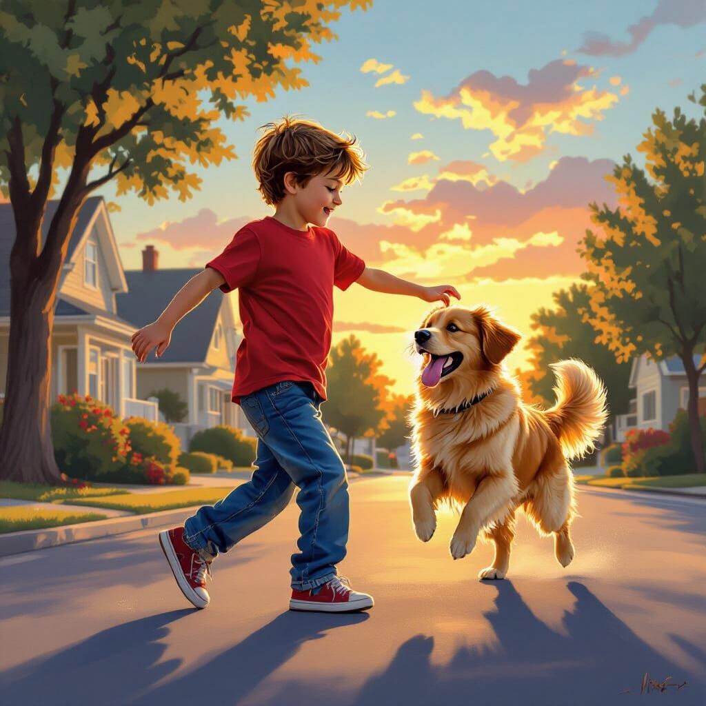 Boy and Dog Moonwalking on Suburban Street at Sunset