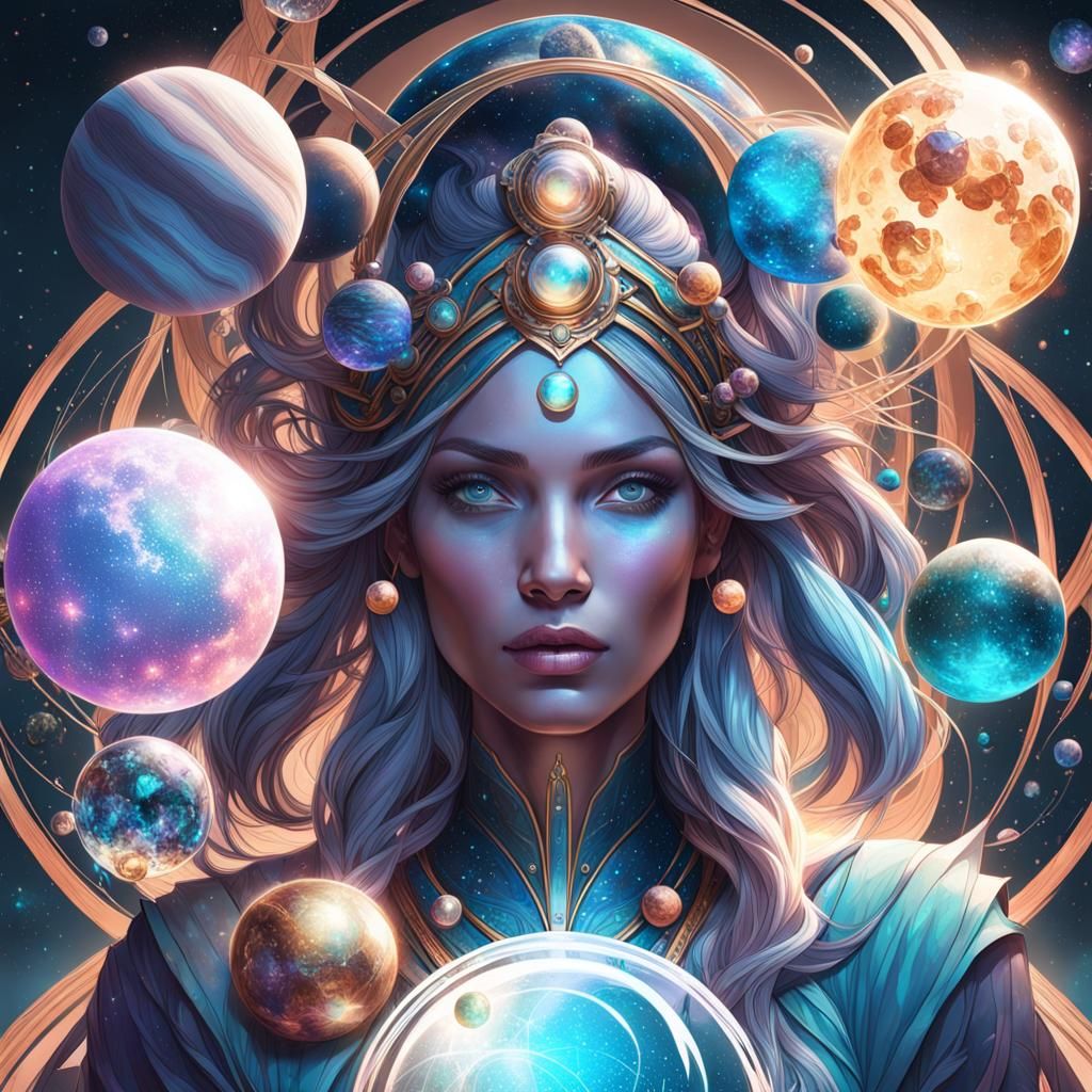 Dreamy Goddess Holding Planets in Cosmos