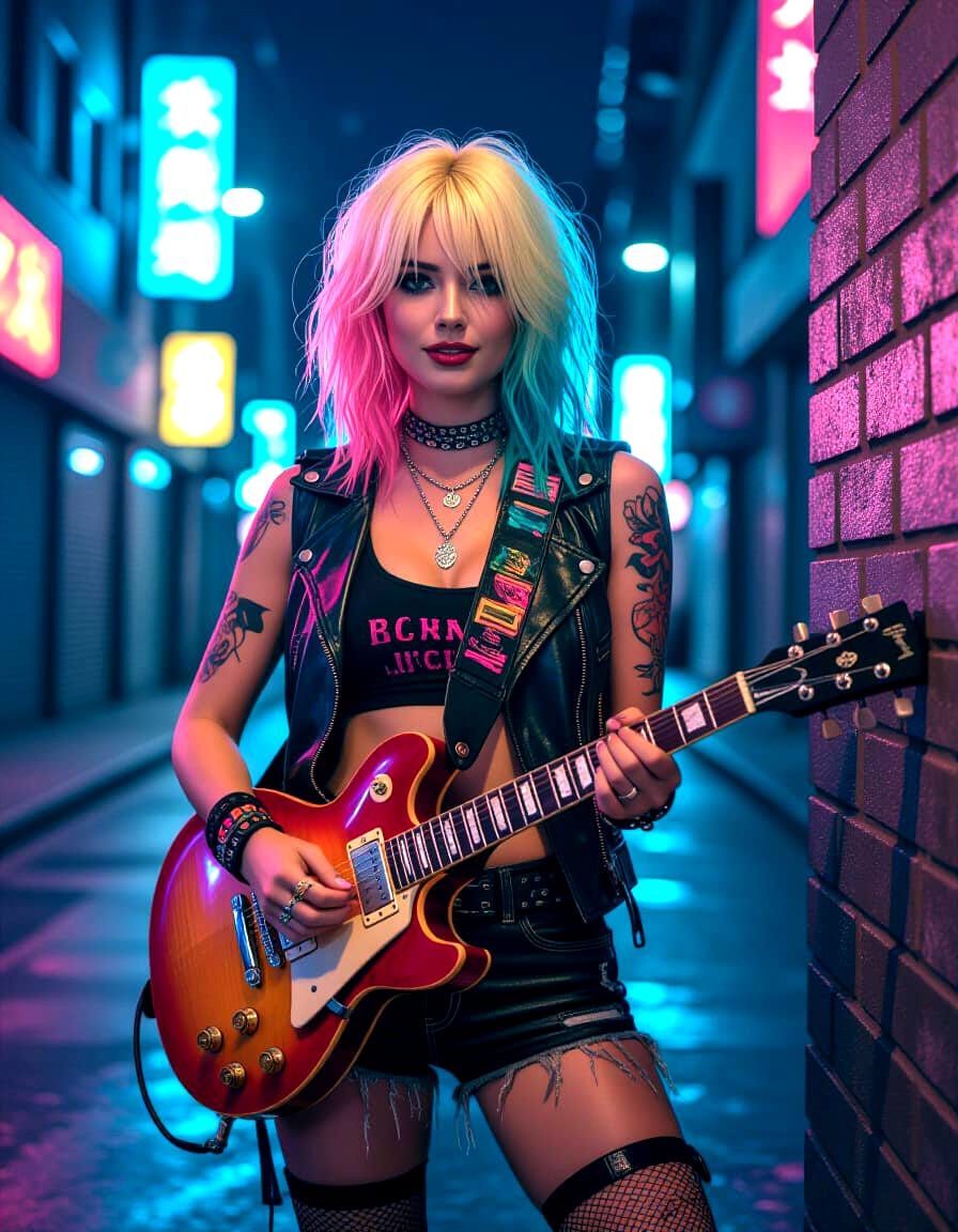 Grunge Woman with Rock Guitar on Night Street