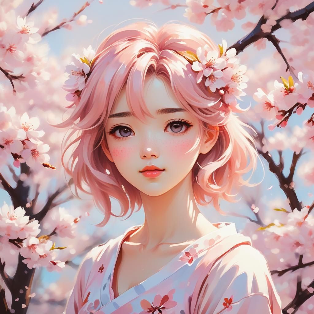 Anime Girl in Cherry Blossoms, Impasto Style