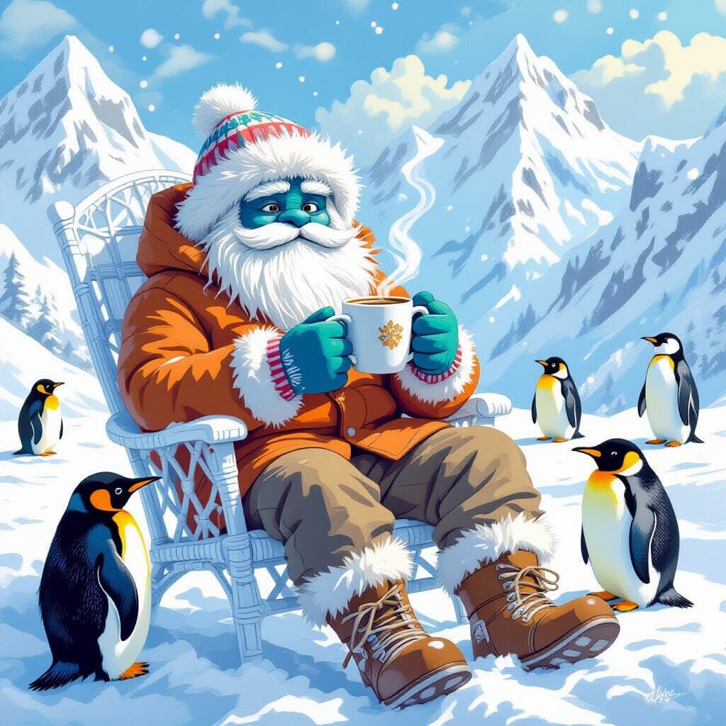 Yeti Sipping Coffee in Antarctica, Whimsical Art