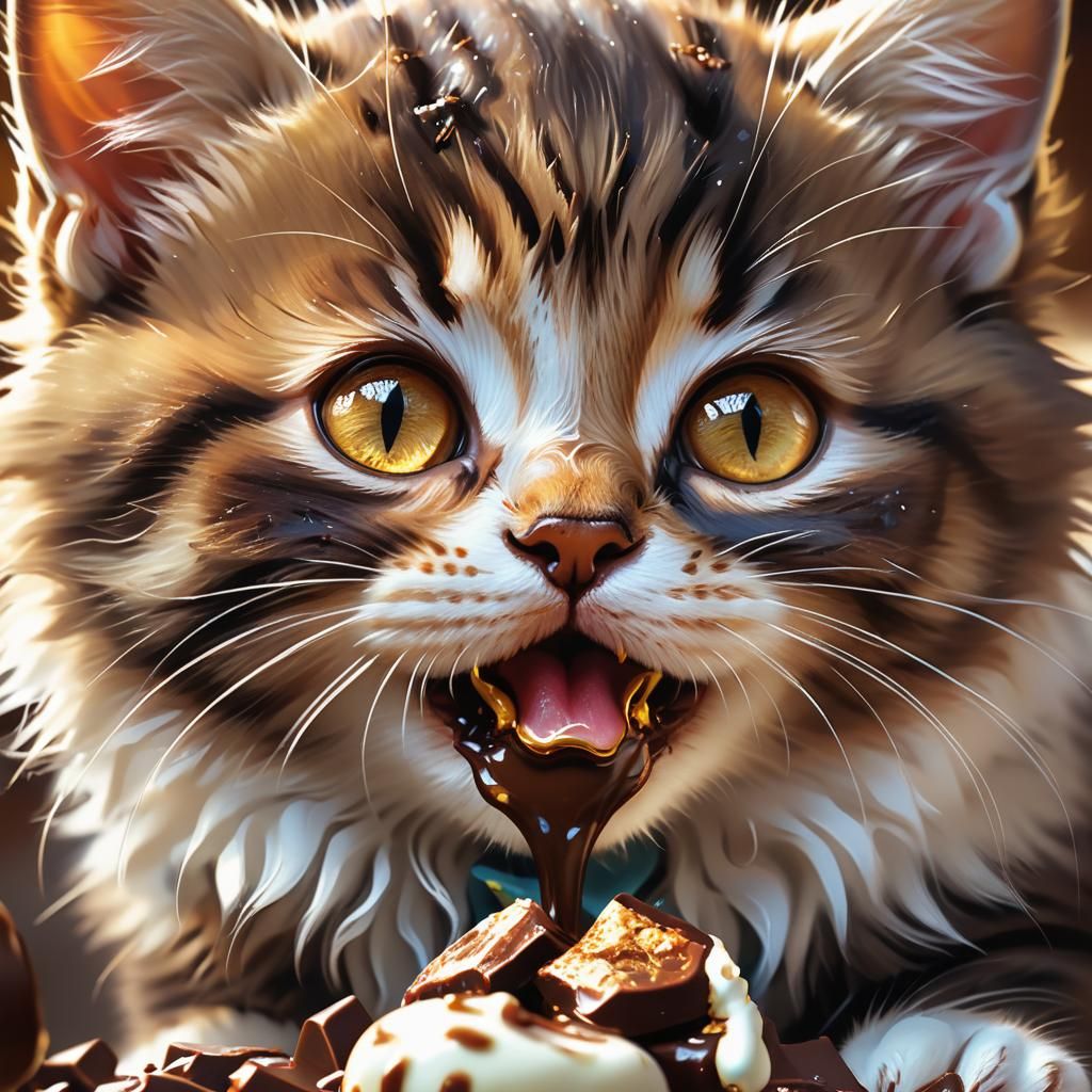 Adorable Kitten Eating Chocolate in Hyper-Realistic Detail