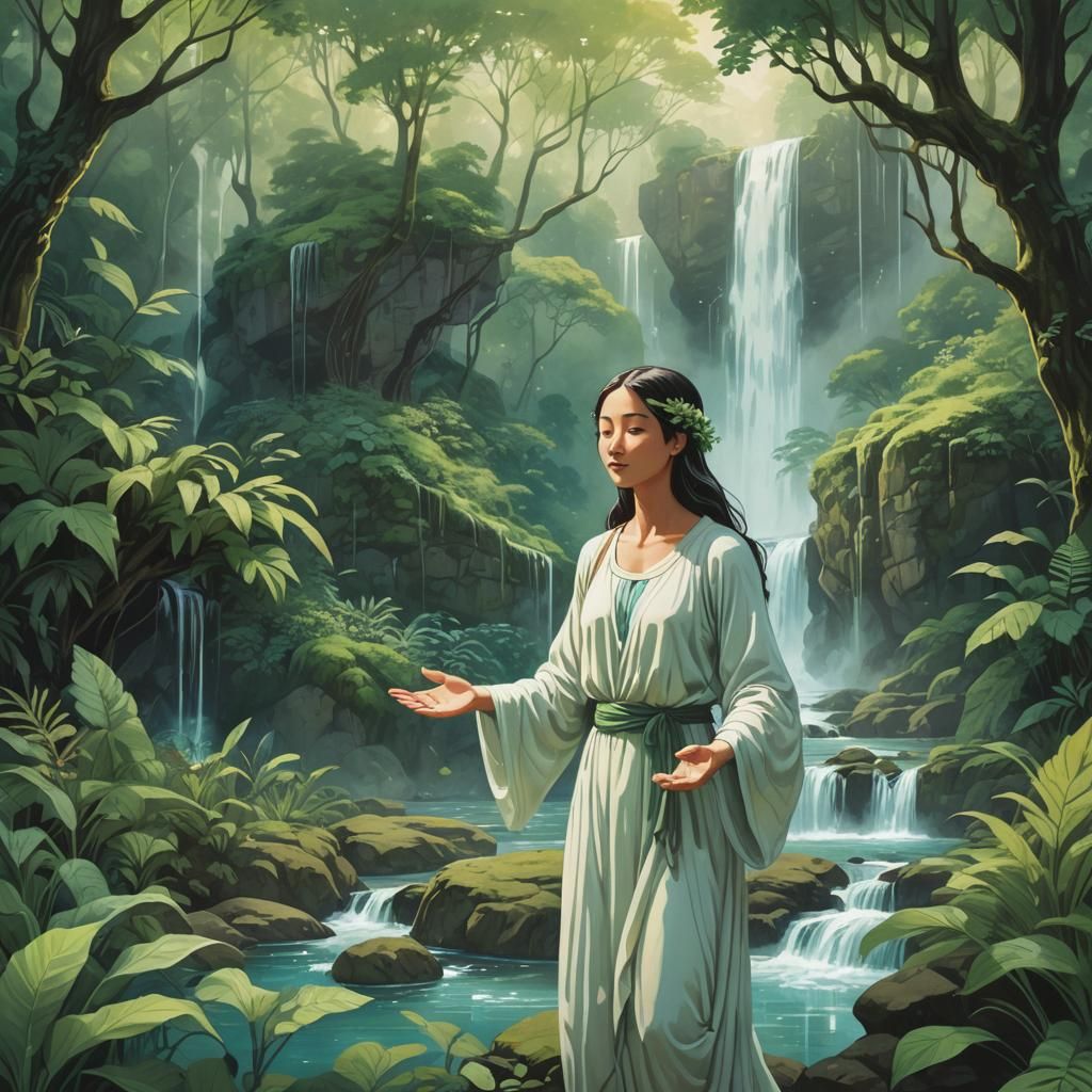 Ethereal Figure in Lush Forest Illustration