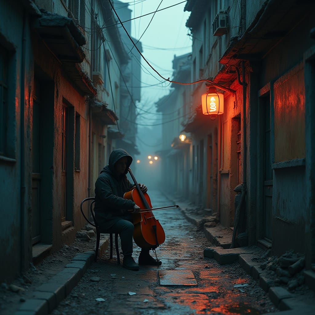 Melancholic Cellist in Dystopian Cityscape