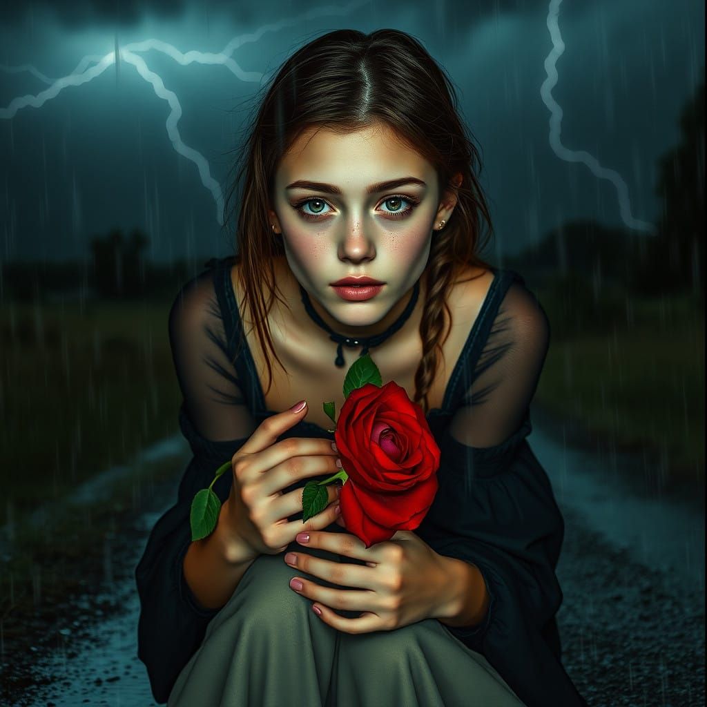 Moody Slavic Teenager in Stormy Night