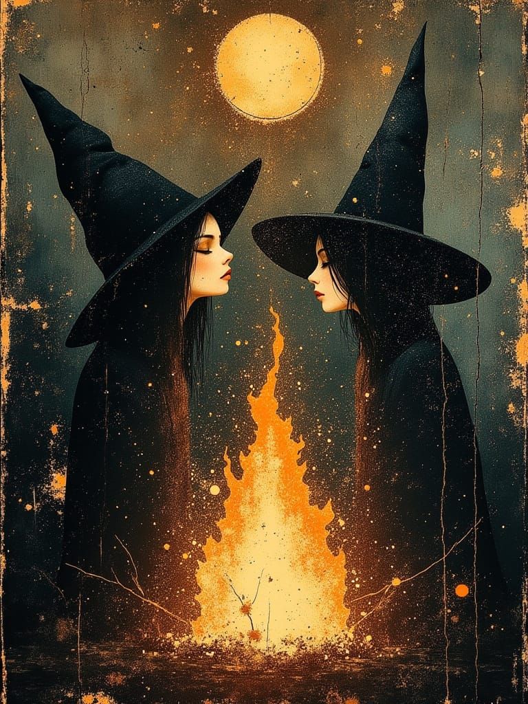 Diverse Coven of Witches Around a Fire in Vintage Style