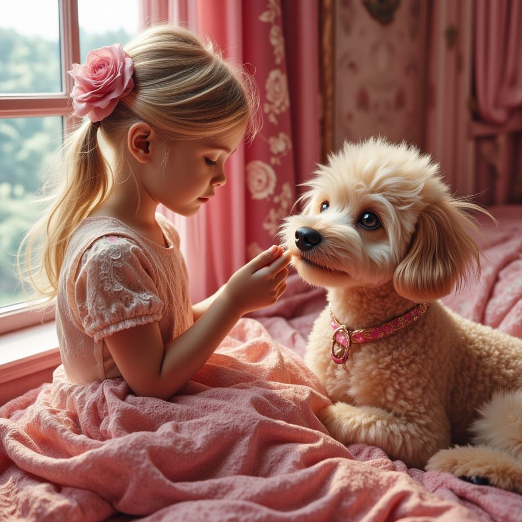 Girl Paints Giant Poodle's Nails in Fun Bedroom