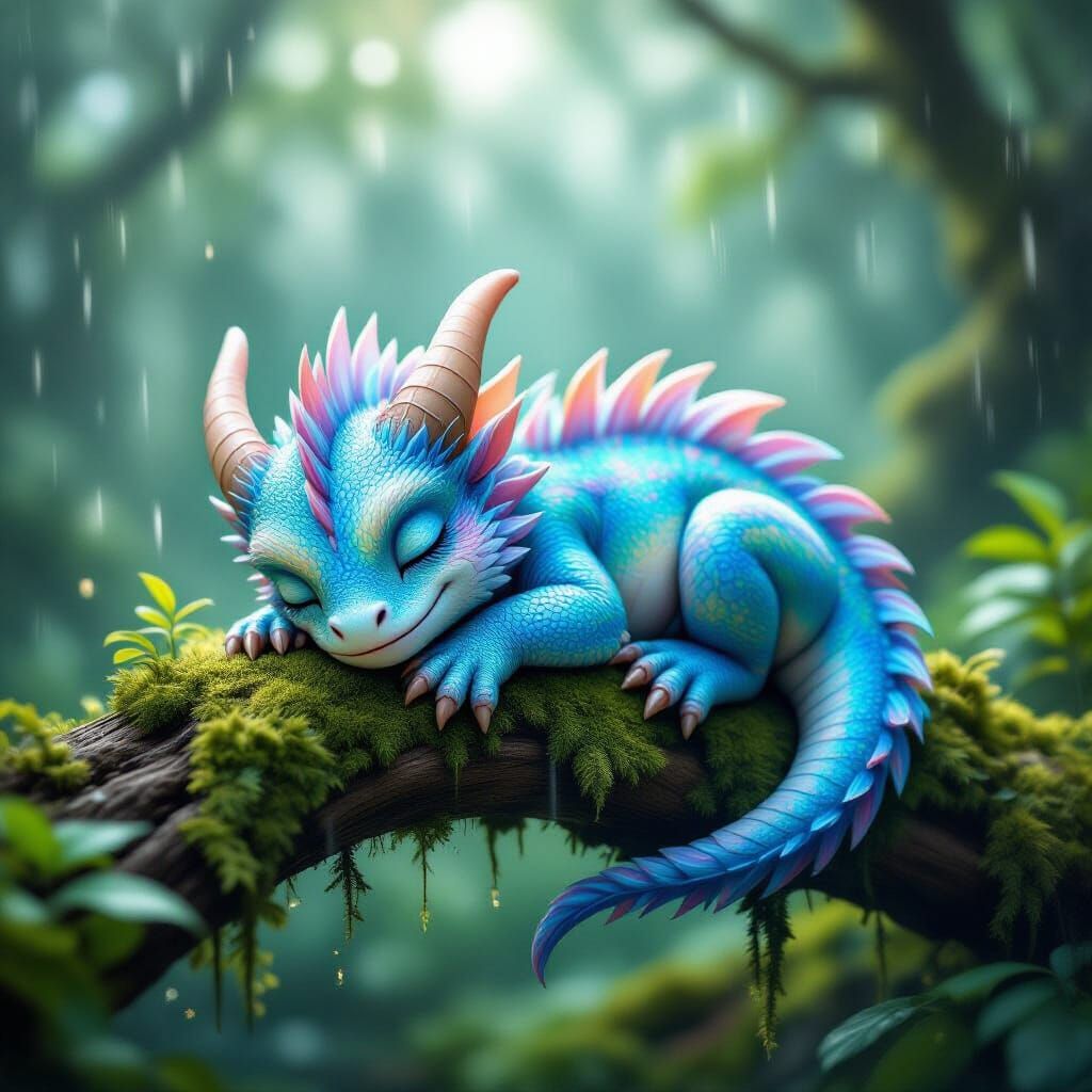 Adorable Baby Dragon Sleeps on Mossy Branch in Gentle Rain