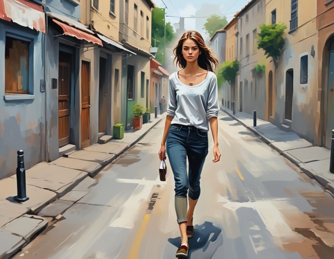 Woman Walking Down Street in Painting Style