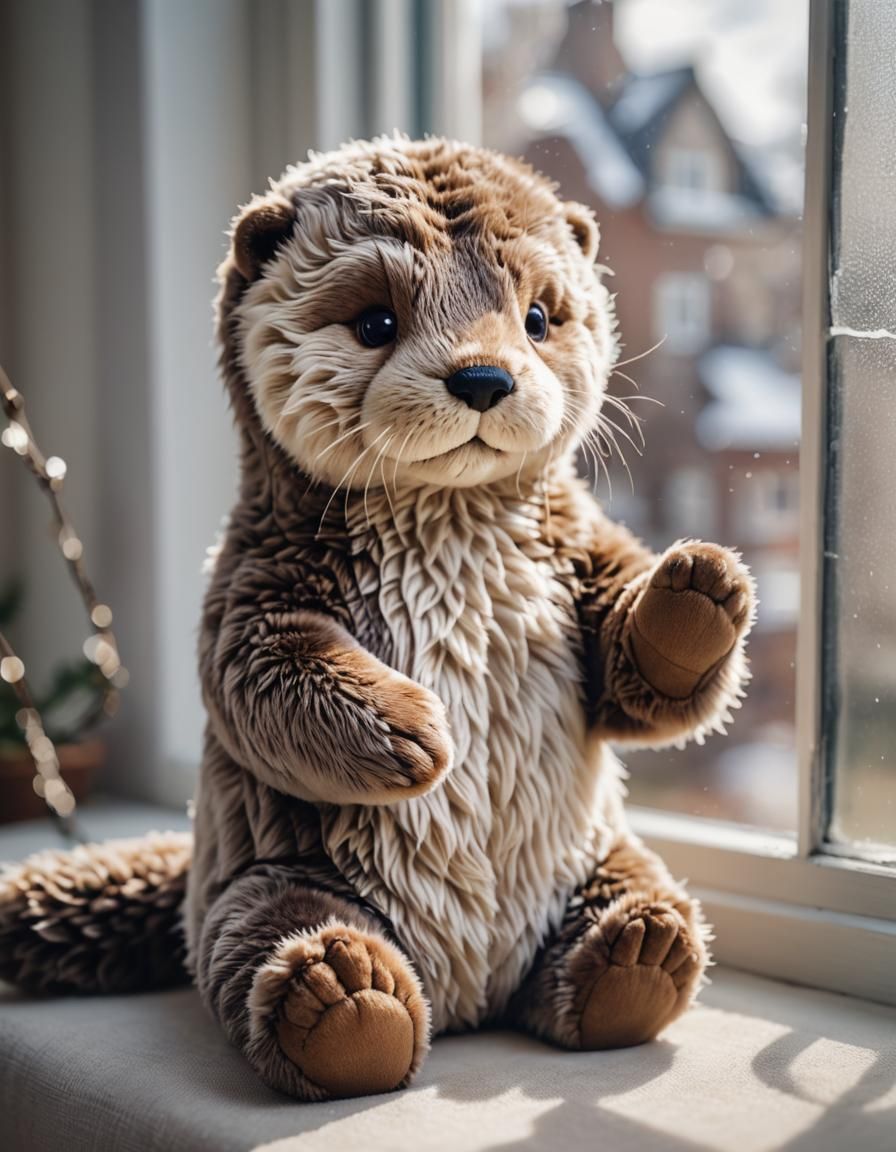 Fluffy Otter Plushie on a Window Sill