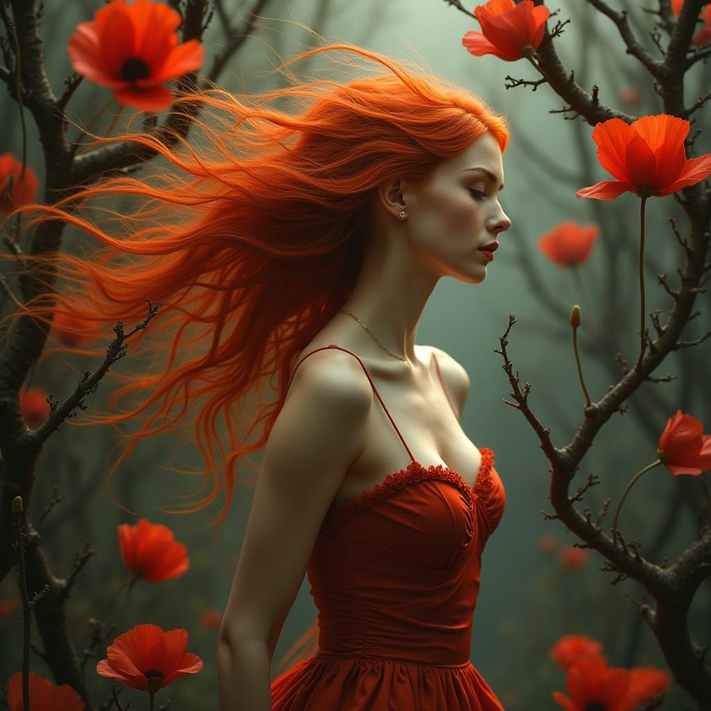 Ethereal Woman in Profile, with Flowing Orange Hair and Red ...