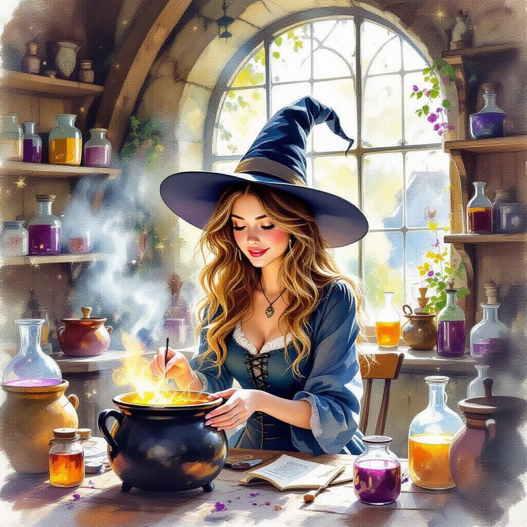 Pretty Witch in Sunlit Potions Shop Gouache Painting