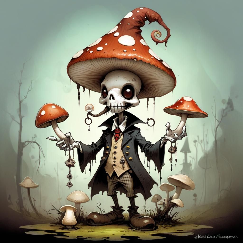 Surreal Voodoo Mushroom Magician in Whimsical Style