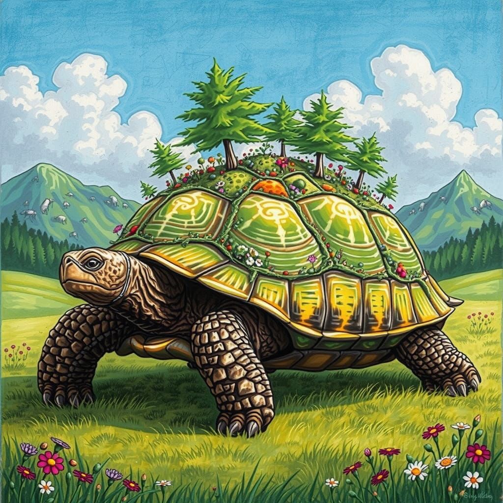 Forest Grows on Giant Tortoise in Vivid Sketch