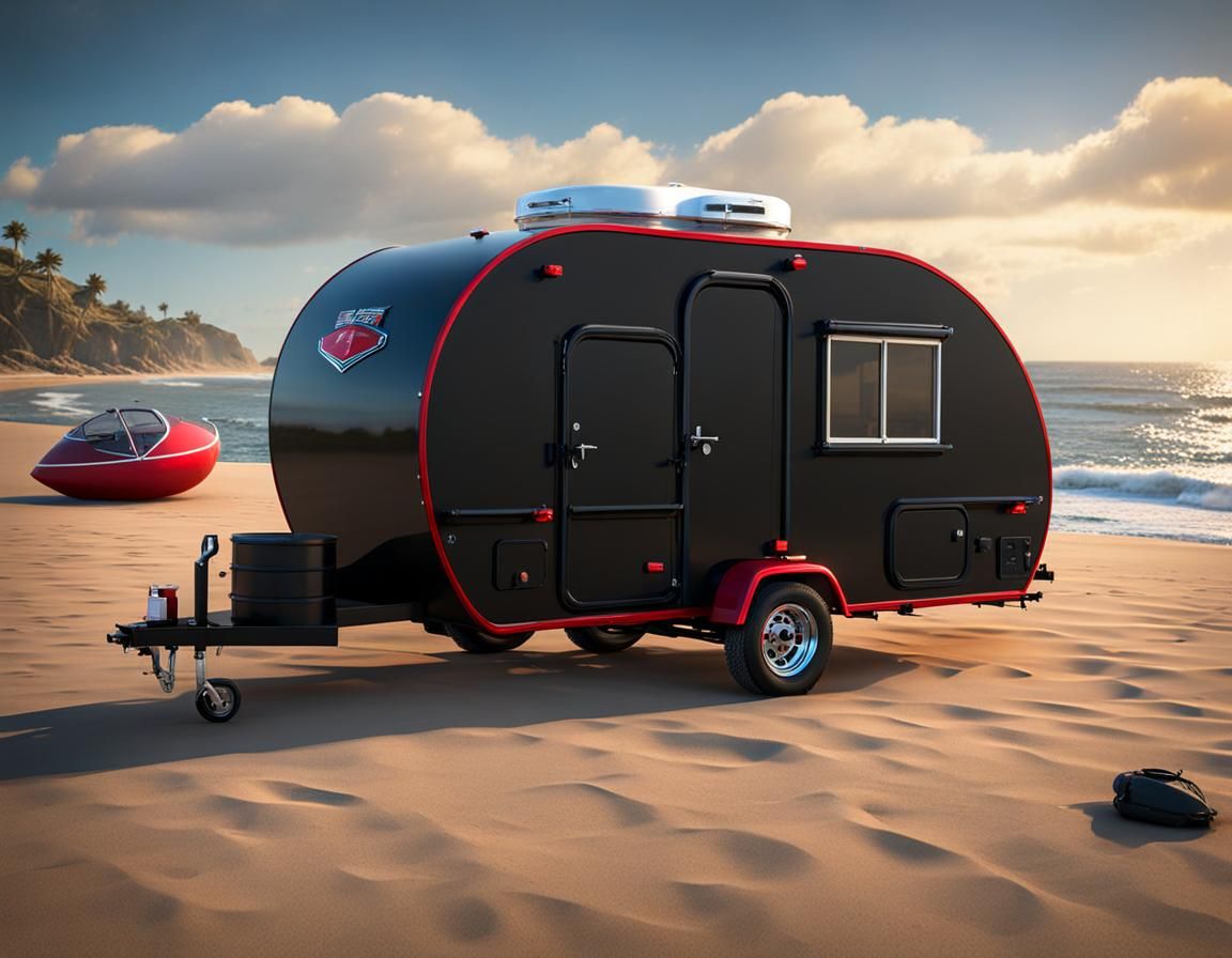 Charcoal Black Teardrop Trailer on Beach Campground