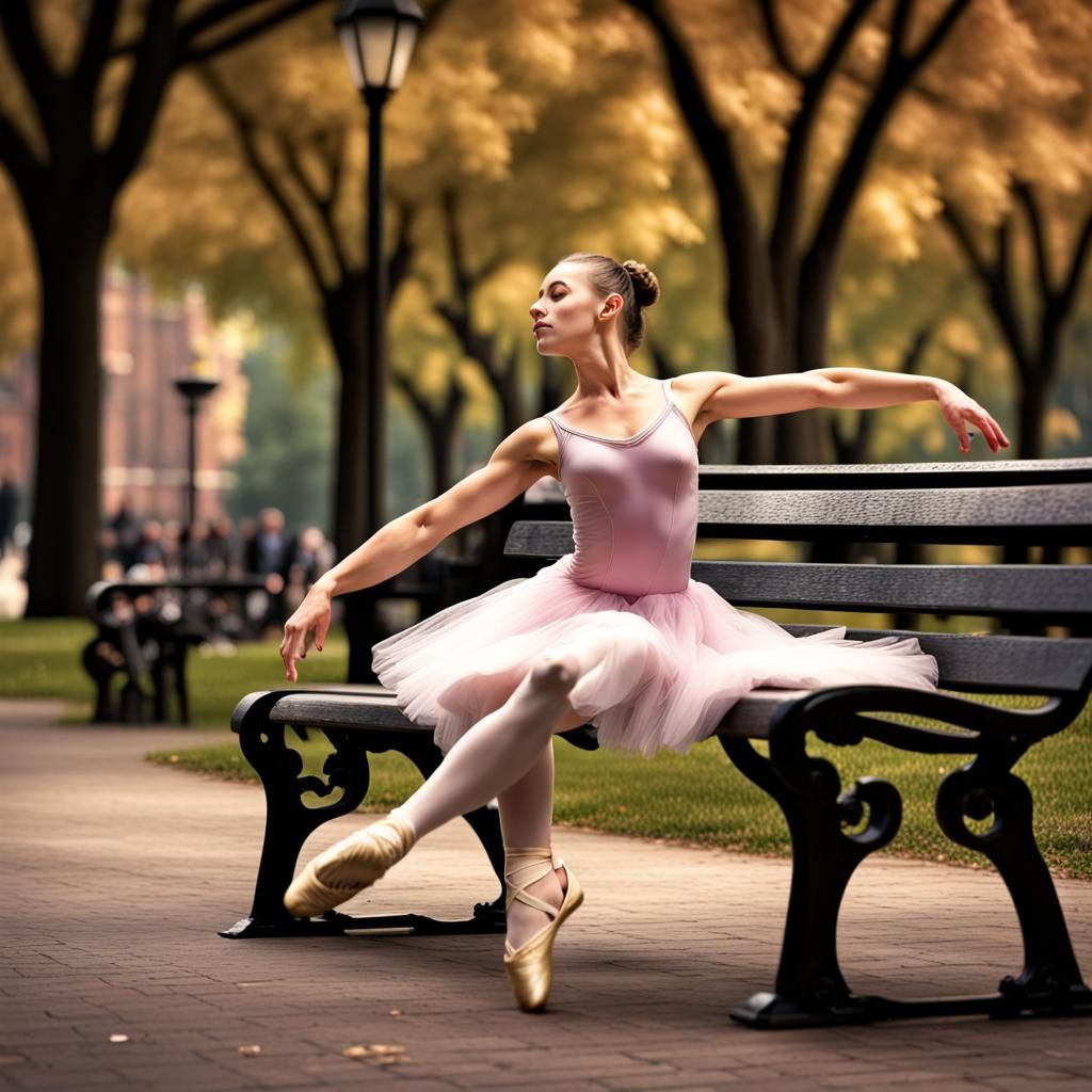 Ballerina Dances on Park Bench: Hyperrealistic Image
