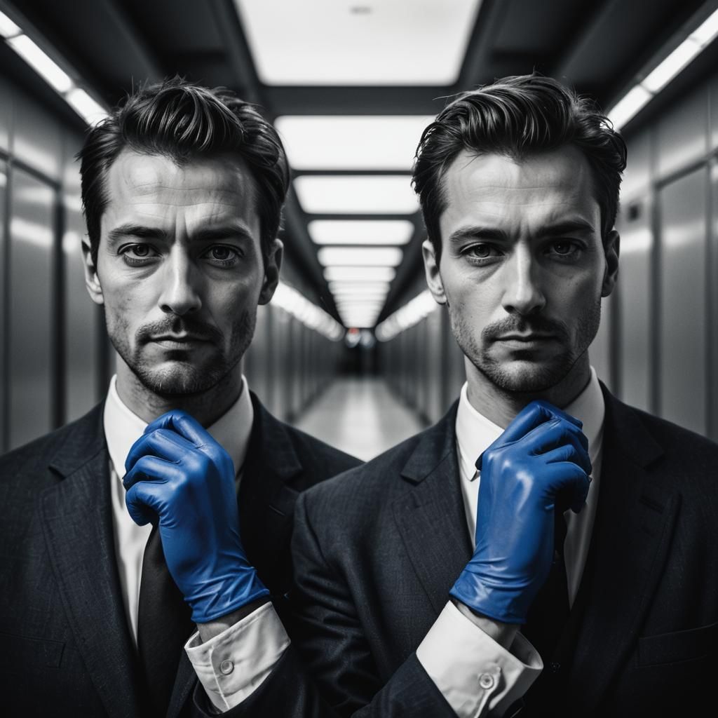 Monochrome Portraits with Blue Gloves in Watercolor