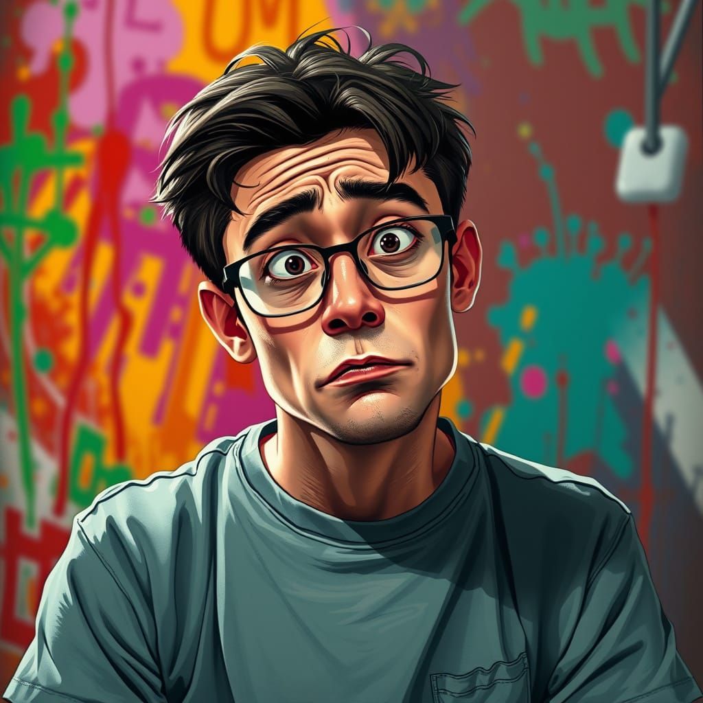 Exaggerated Student Portrait in Vibrant, Grotesque Style