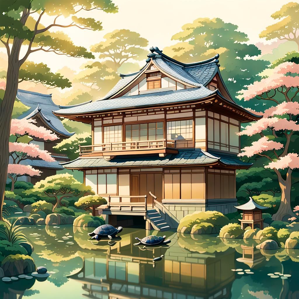 Japanese House with Turtles in Anime Style
