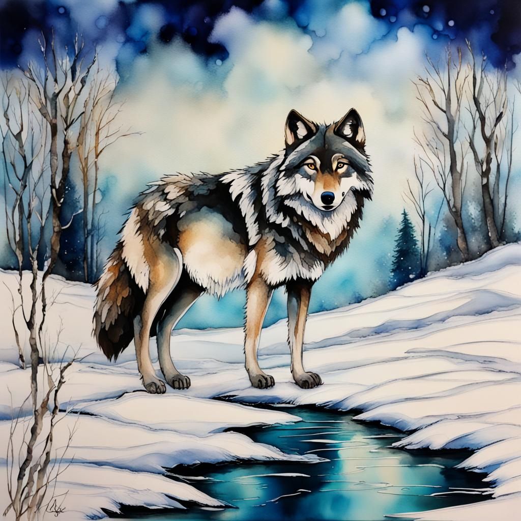 Wolf in Icy Winter Landscape, Alcohol Ink Art