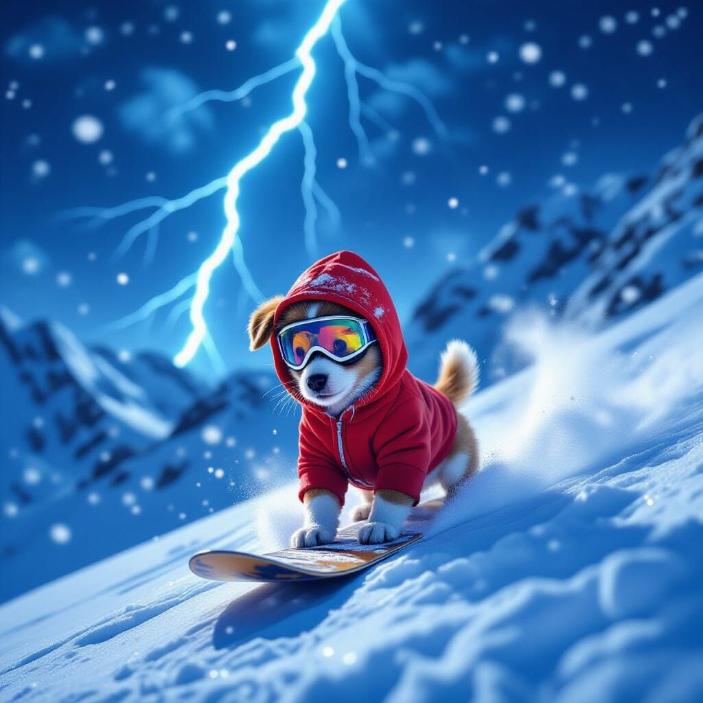 Courageous Puppy Snowboarding in Electric Storm