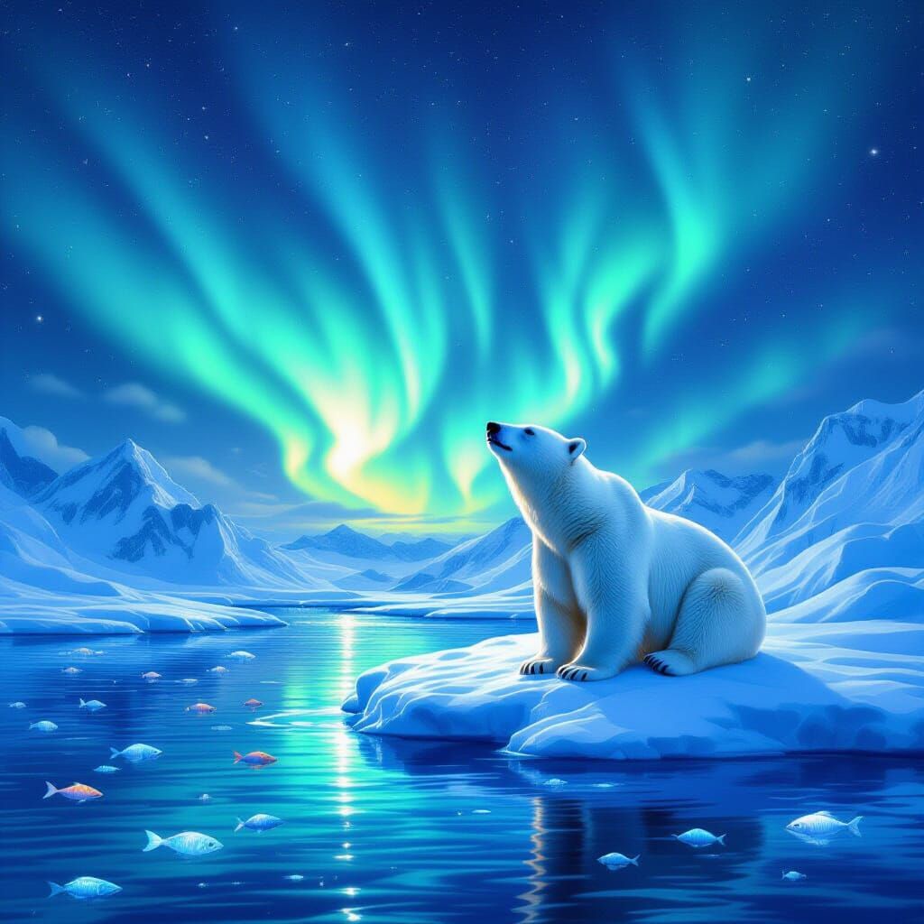 Polar Bear Gazing at Aurora Borealis