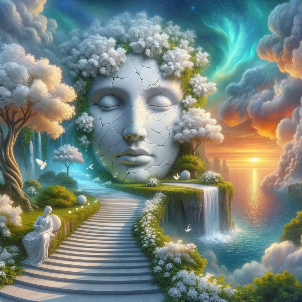 Surreal Stone Face Overlooking Tranquil Ocean at Sunset